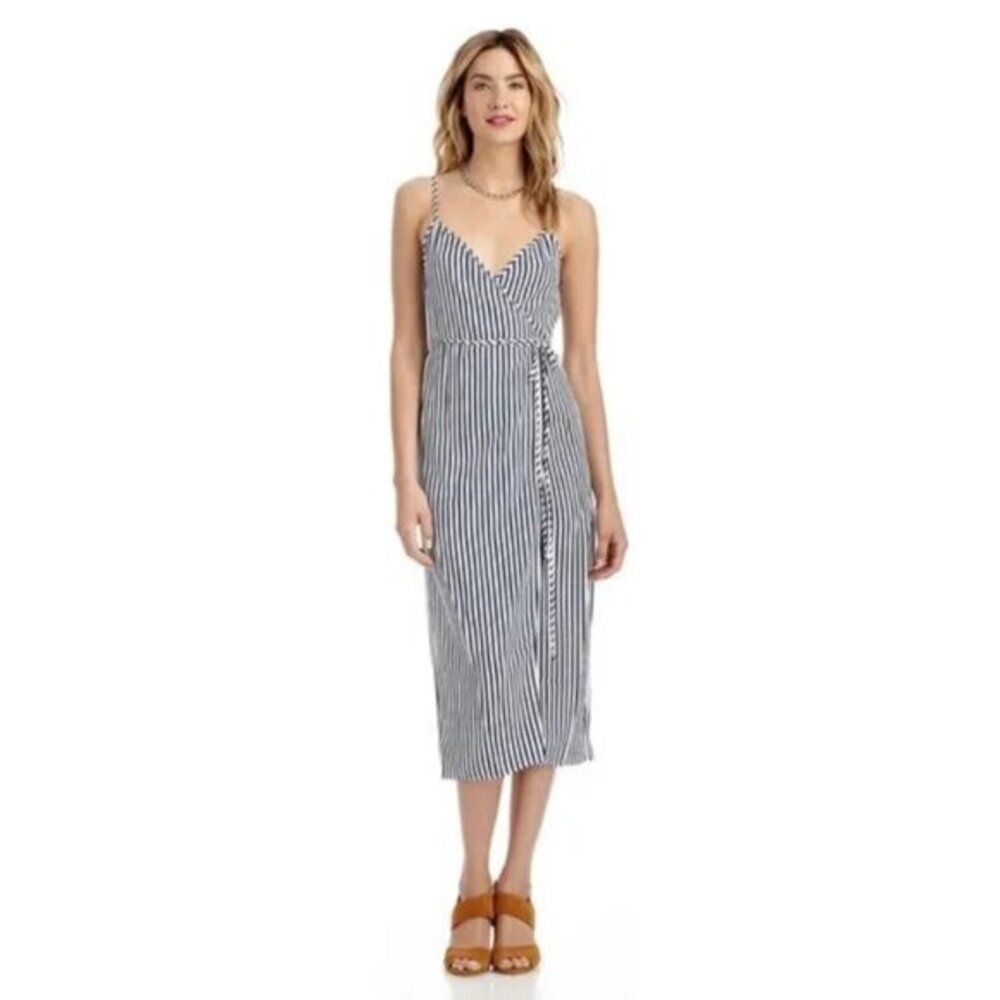 Wayf Pinstripe Genuine Wrap Midi Sleeveless Dress Size XS
